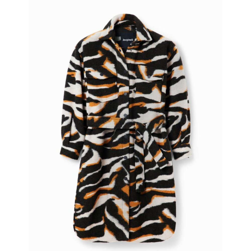 Desigual NWT Women's Black/Orange/White Long Zebra Overshirt Coat, Size Medium